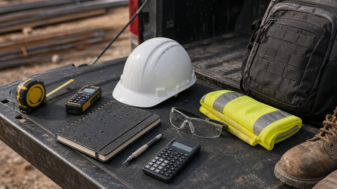 Engineering study gear, calculator, notebook, field tools, and reference materials arranged for FE and PE prep