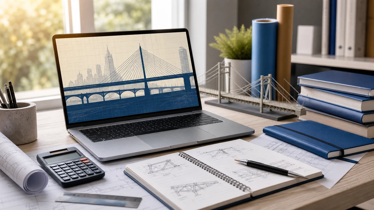 Historical civil engineering drawings, bridge sketches, and calculation notes arranged on a study desk