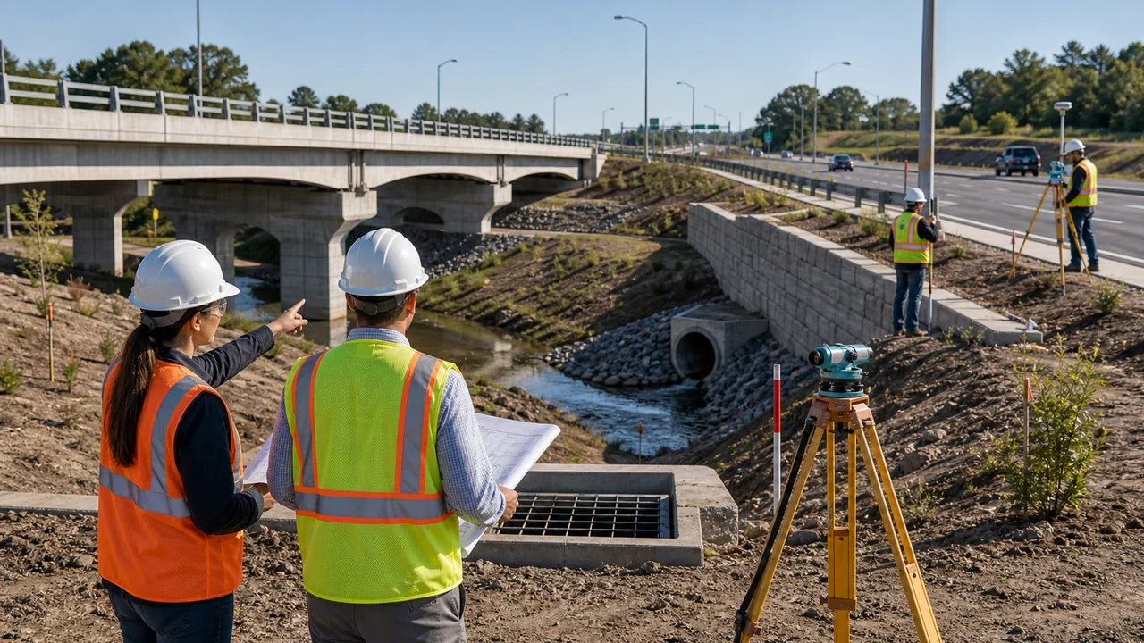 Civil engineering exam practice workspace with structural, transportation, water resources, geotechnical, and construction sketches beside a calculator