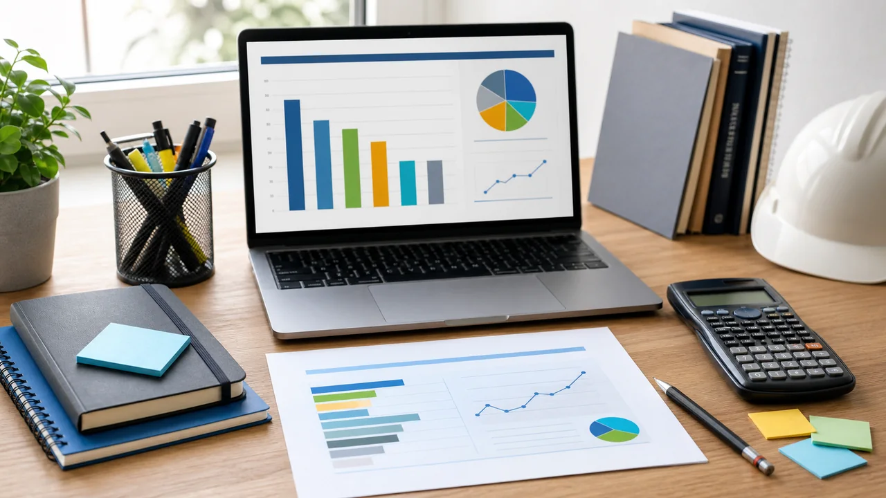 Engineering exam pass-rate analysis desk with laptop charts, score report, calculator, notebook, and study planning notes