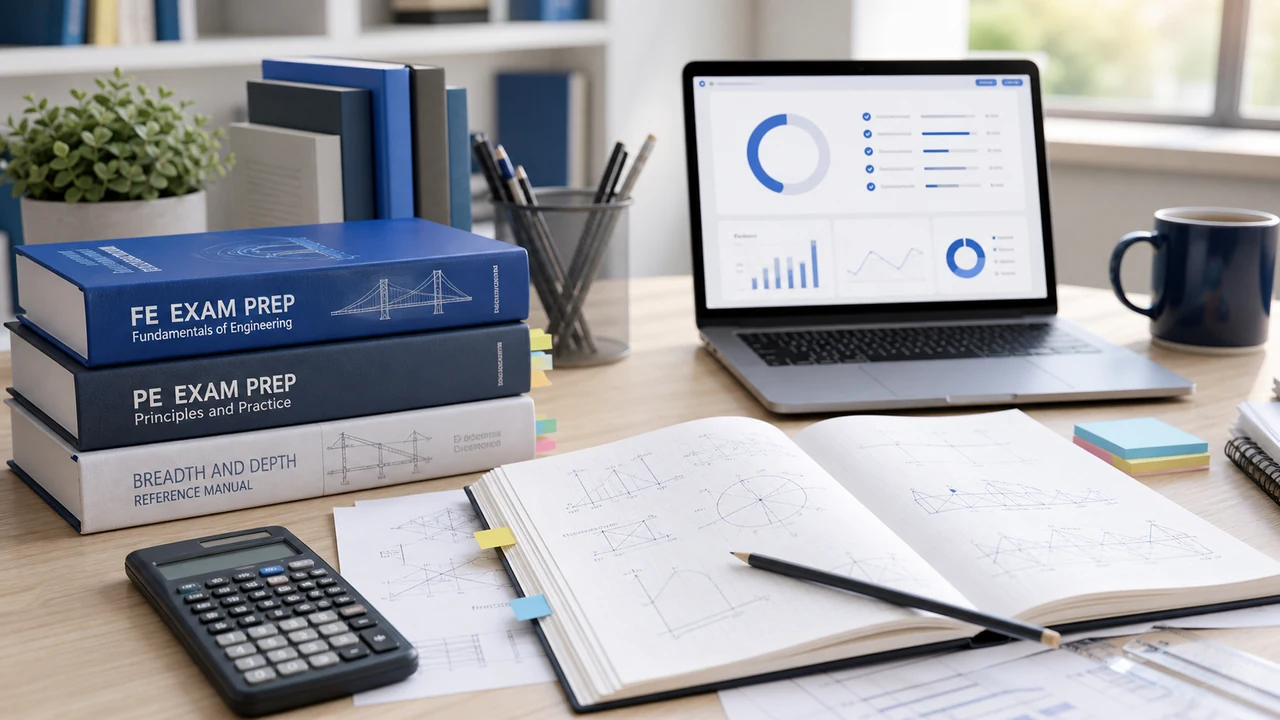 FE exam prep books, reference handbook notes, calculator, and practice schedule on a study desk