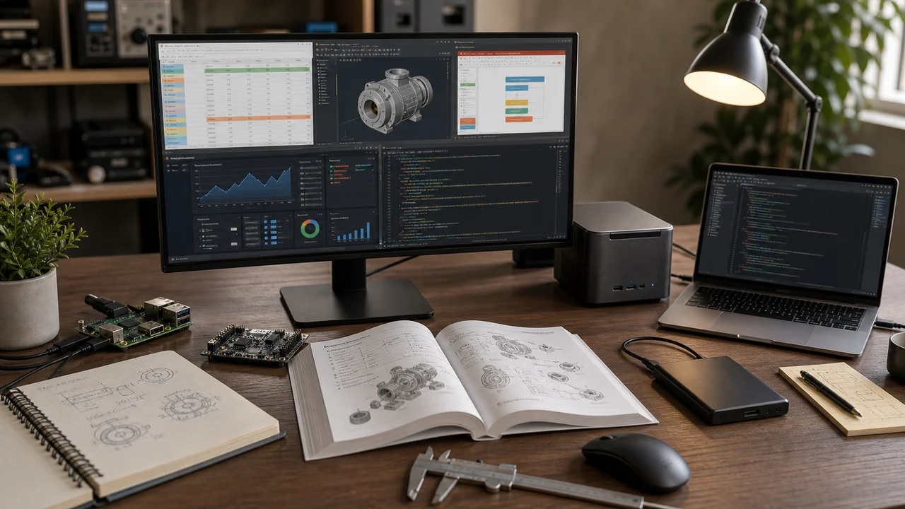 Engineering AI workstation with laptop, mini computer, monitor showing abstract spreadsheet, dashboard, code, slide, and 3D model panels, plus manual, calipers, circuit board, and portable SSD