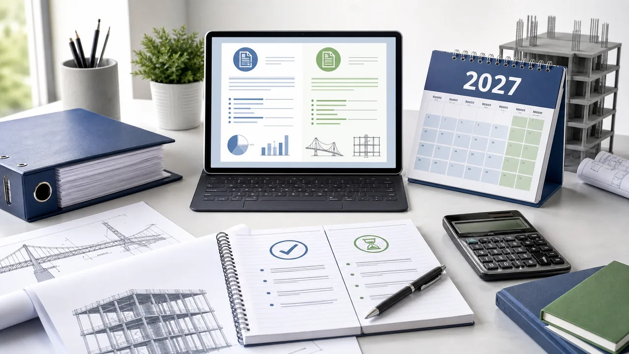 Engineer study desk with a 2027 calendar, calculator, specification pages, bridge sketch, and structural frame drawing for PE Civil and PE Structural planning