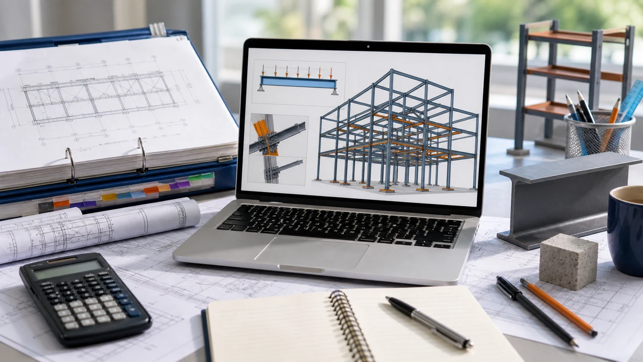 Structural engineering practice workspace with concrete, steel, wood, foundation, and seismic design sketches beside a calculator