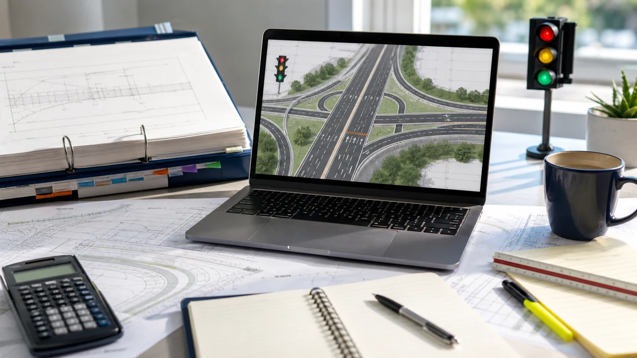 PE Civil Transportation practice workspace with roadway geometry, traffic signal timing, pavement, drainage, and safety notes beside a calculator