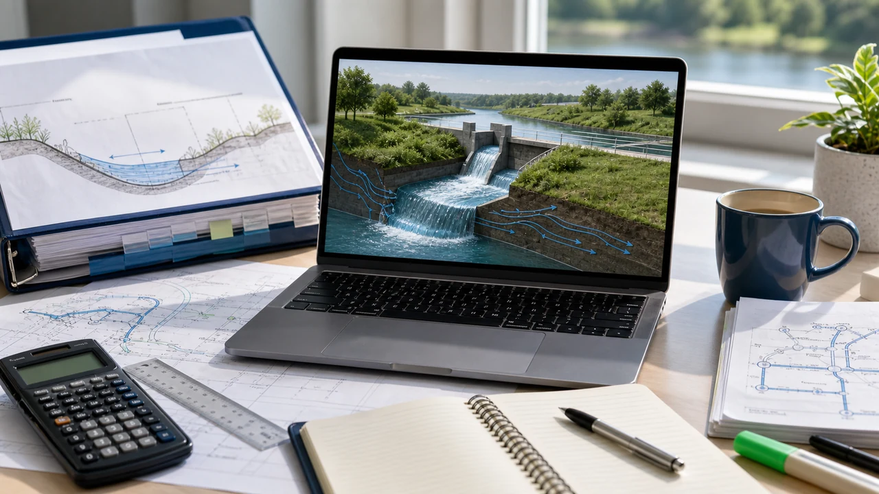Water resources reference workflow with watershed, pipe network, treatment process, and calculator notes