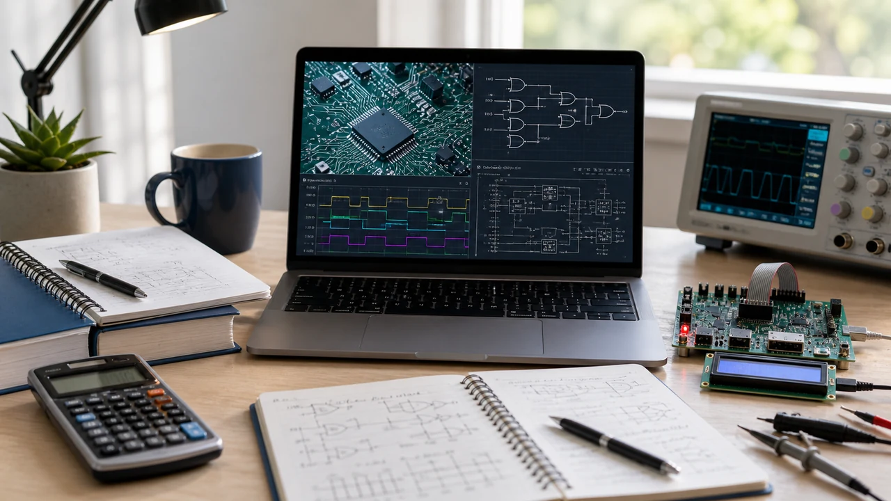Computer engineering exam workspace with binary representation, cache diagram, network notes, and calculator