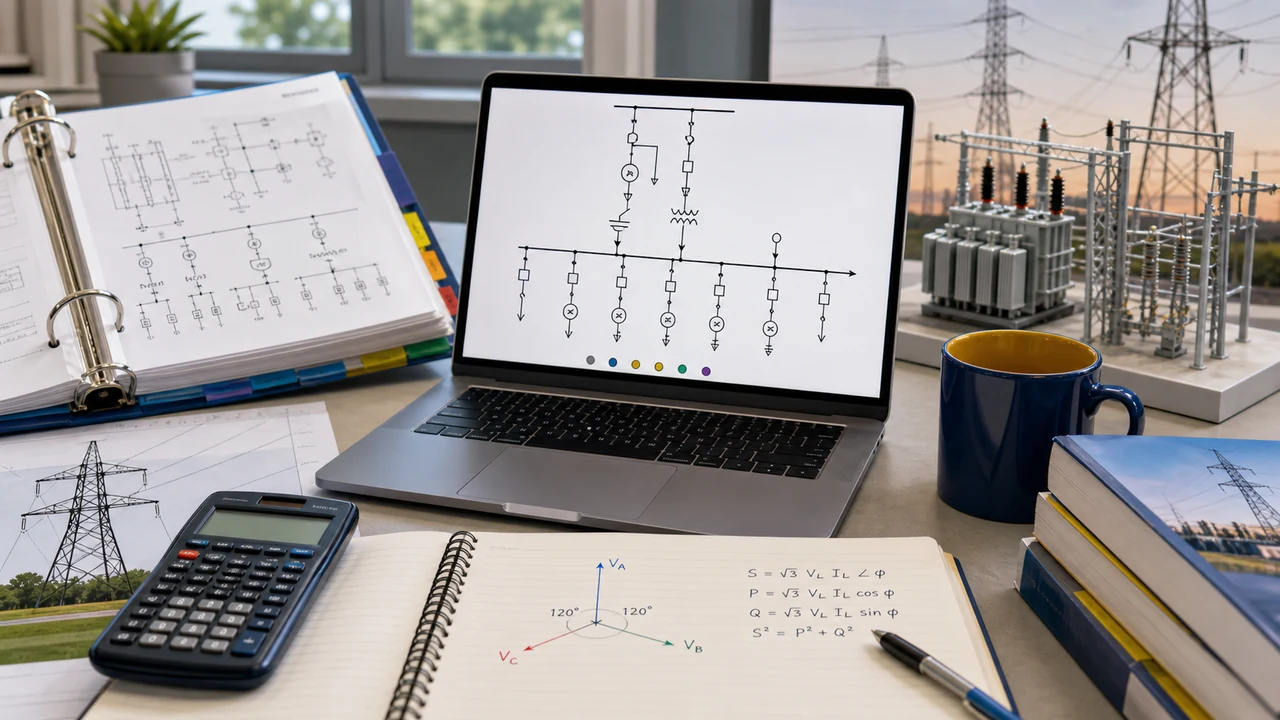 PE Electrical Power practice workspace with one-line diagram, transformer, protection relay, transmission line, and NEC code notes beside a calculator
