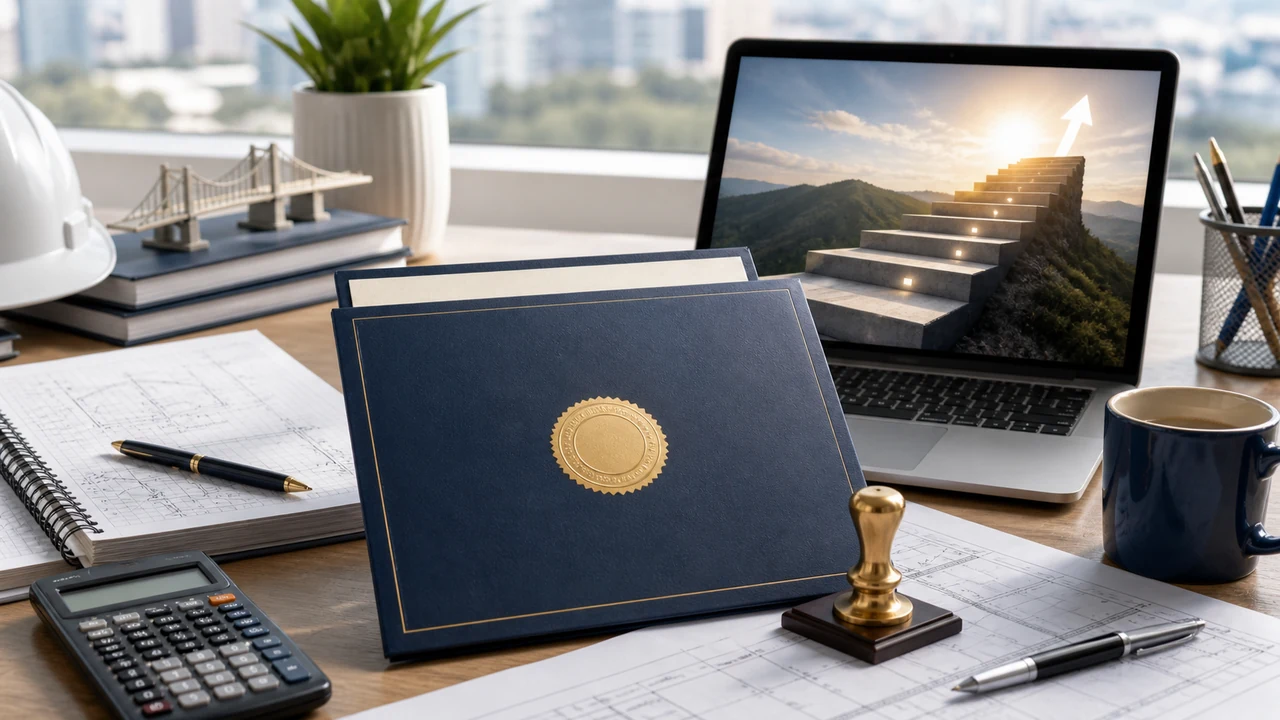 Professional engineer licensure path with stamped drawings, project notes, and career milestone markers
