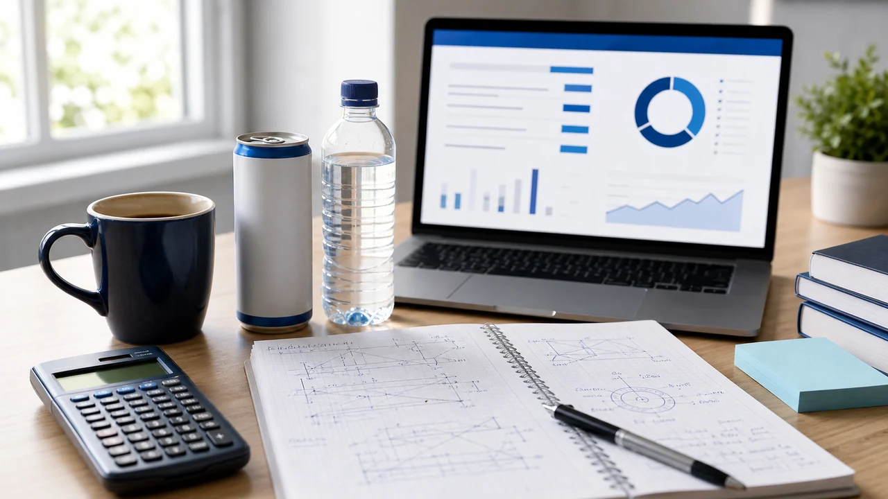 Coffee, water, and focus drinks beside engineering study notes and a calculator