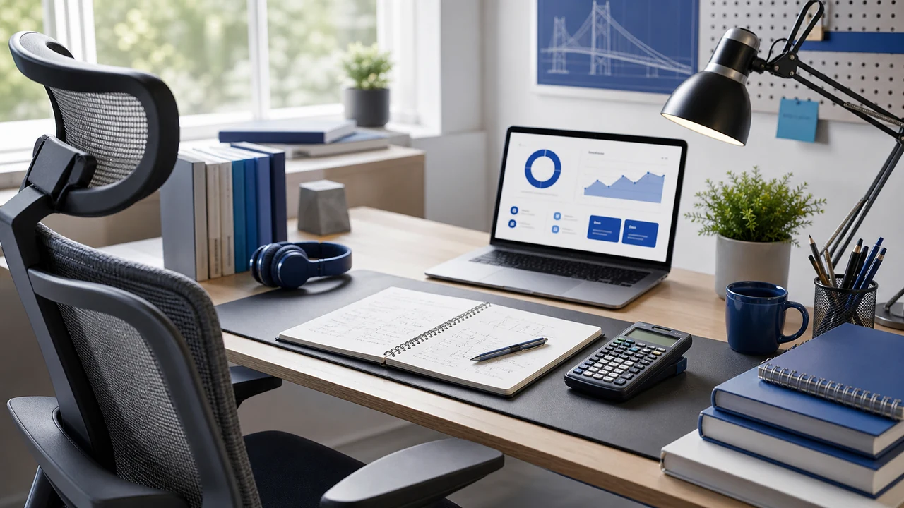 Ergonomic desk chair at an engineering study desk with notebook, calculator, and monitor