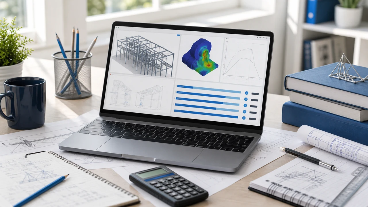 Engineering student laptop workstation with CAD-style sketches, notes, calculator, and study materials