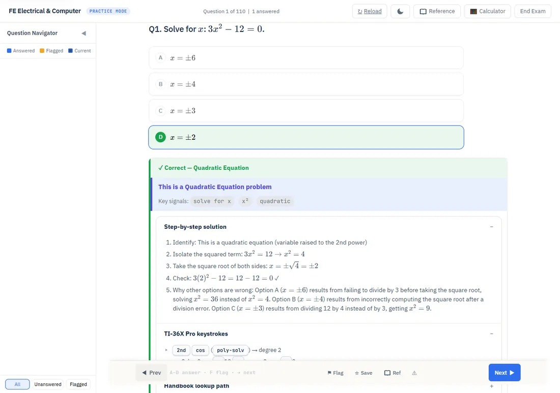 FE Test Prep worked example identifies a quadratic equation, shows the correct roots plus or minus two, and opens the calculator-step explanation