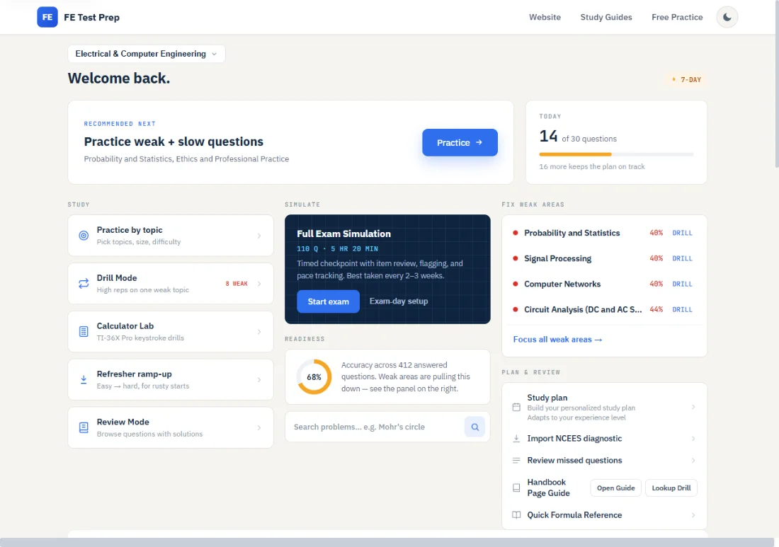 Start from one clear next step &mdash; FE Test Prep dashboard
