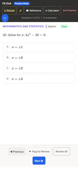 Mobile practice question screen
