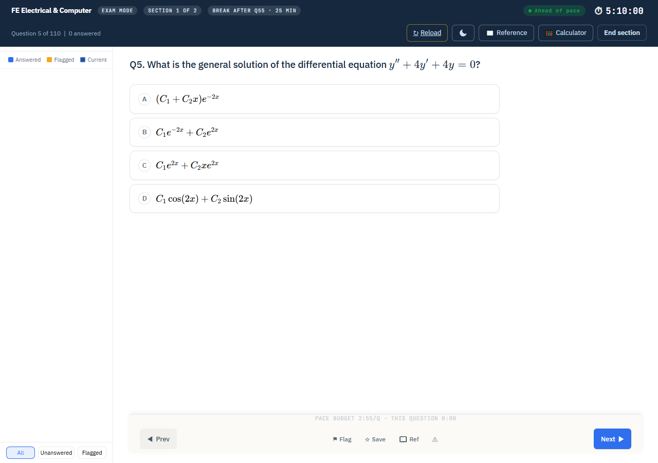 Exam mode showing a timed practice problem