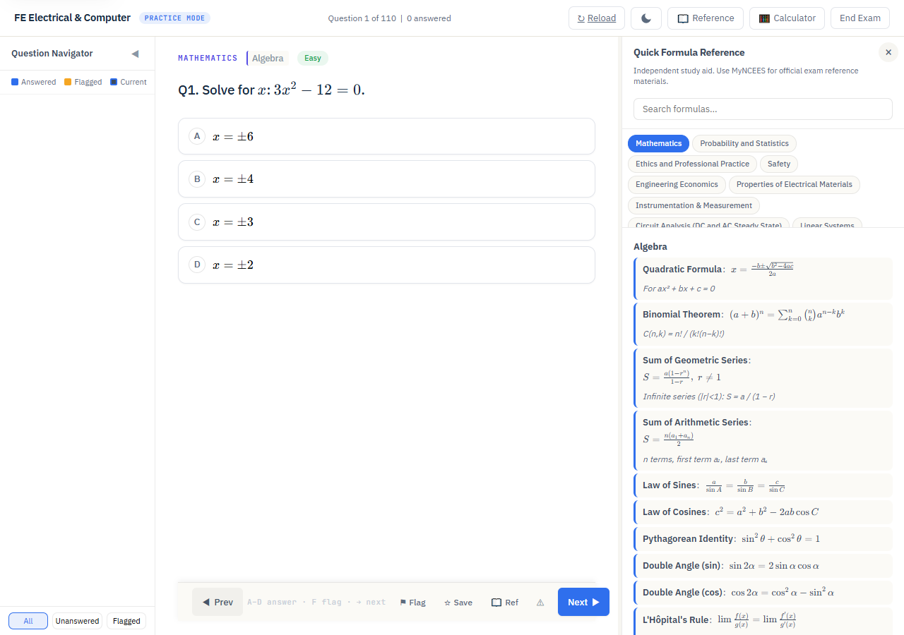 Quick Formula Reference open beside a practice question